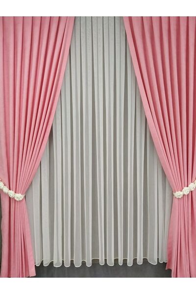 Pakar Şeker Pembe Pileli Kadifemsi Fon Perde Yüksek Kalite Çift Kanat
