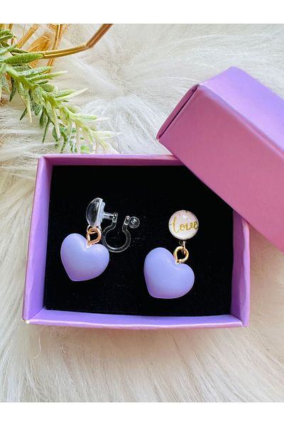 1PARÇAMAVİ Non-perforated Heart Transparent Pintucked Children's Earrings