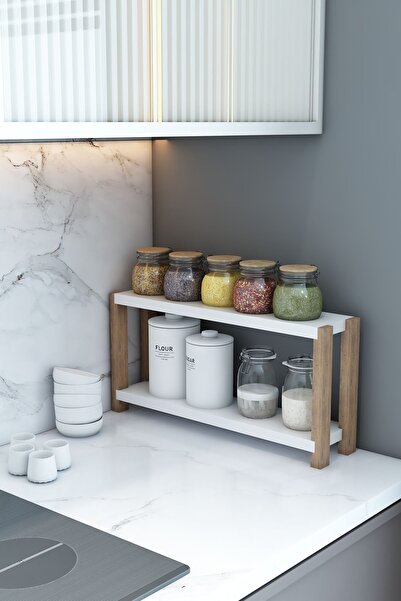 Jest Dekor Konsept Beril Beyaz Ahşap 2 Katlı Baharatlık, Organizer, Dekoratif Raf - Çok Amaçlı Kullanım - Kolay Montaj