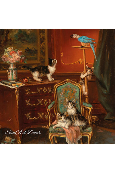 Sanart Vintage Painting with Frame, Oil Painting, Framed Painting, Artistic Decor, Cat Painting