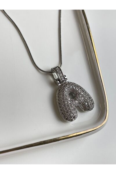 Poison Accessories Zirkon taş balon gümüş renk çelik harf kolye A harfi