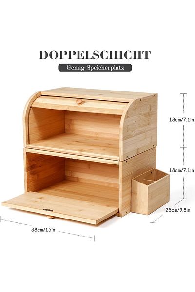 VipDeluXe GUUSII HOME Bamboo Wooden Bread Box, Rolled Lid 38x25x36cm