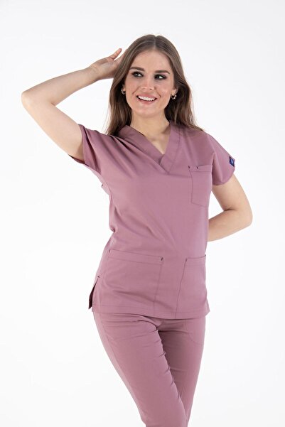 Uçak Medikal Pudra Rengi Core- Flex Likralı Cerrahi Takım Hemşire & Doktor Fo...