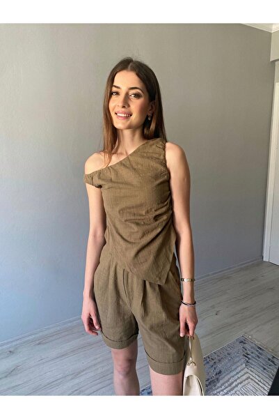 Niceboutique Haki Asitmetrik Bluz Şort Keten Takım