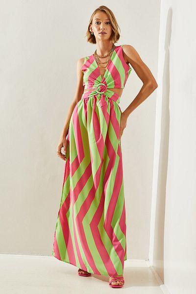 Bianco Lucci Back Low-cut Striped Women's Dress - Kiloş Cut, Slit Detail, Tie-up - 22217 60251496