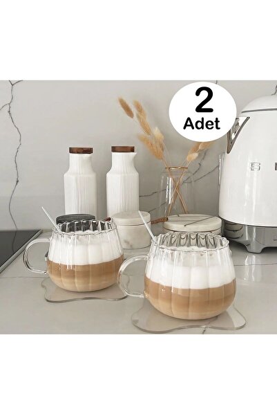 KÜÇÜK EW 2 Adet Isıya Dayanıklı Borosilikat Termisil Kupa Çizgi Tasarımlı Cam...