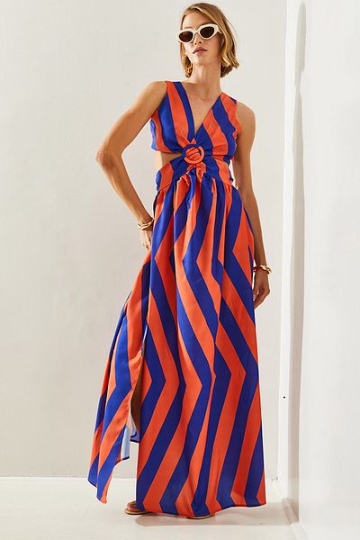 Bianco Lucci Back Low-cut Striped Women's Dress - Kiloş Cut, Slit Detail, Tie-up - 22217 60251496