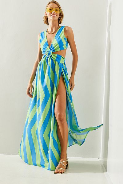 Bianco Lucci Rochie de damă cu dungi decupate la spate - Croială în lire sterline, Detaliu cu fante, Legare - 22217 60251496