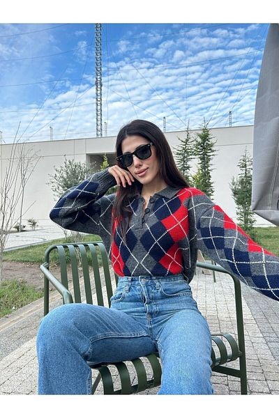 Puella Polo Collar Gray Red Navy Blue Women's Crop Sweater - Baklavalı