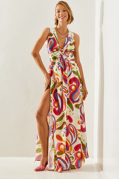 Bianco Lucci Patterned Slit - Halter Neck Kiloş Cut Women's Dress 22217 60251495