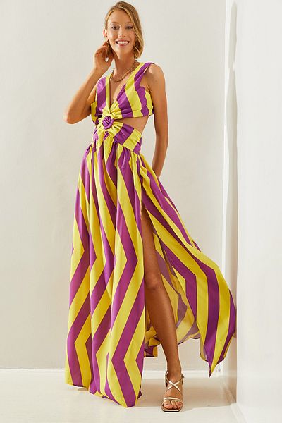 Bianco Lucci Back Low-cut Striped Women's Dress - Kiloş Cut, Slit Detail, Tie-up - 22217 60251496