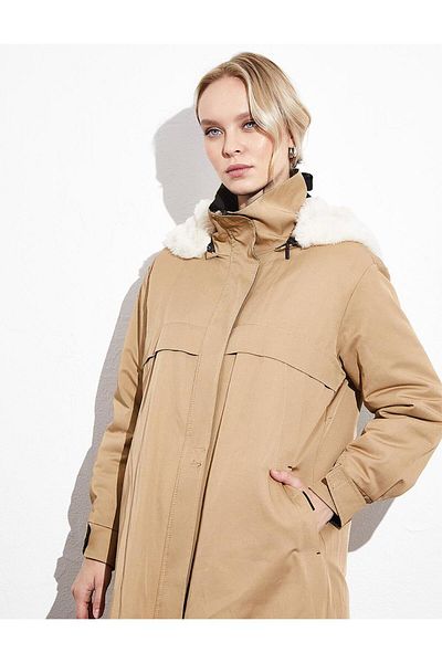 Kayra Furry Hooded Puffer Coat Beige
