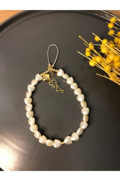 Stoneday Gold with Heart Pearl and Dangle Detailed Key Figure Phone Strap Cha...