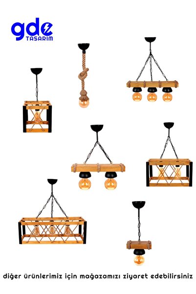 GDE Tasarım Üçlü Kafes Avize, Ahşap Gövdeli, Metal Detaylı, Halat Örgülü