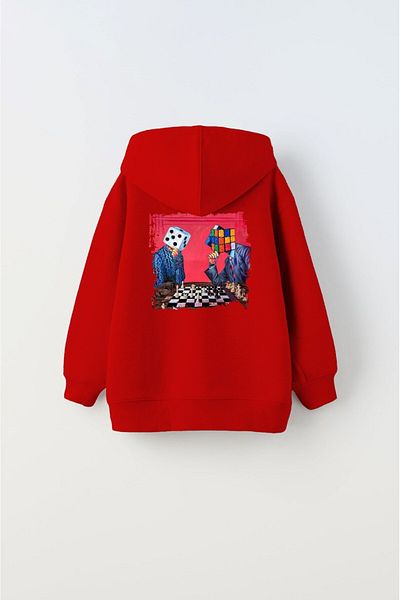 The Champ Clothing Червен унисекс детски суичър с качулка и шахматен полар
