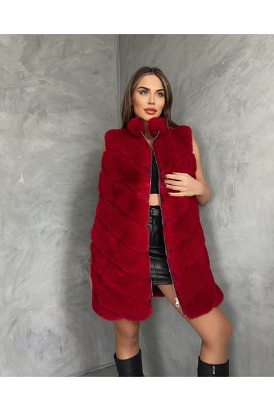 ByRanaBuyuk Red Cut Sleeve Fur Vest