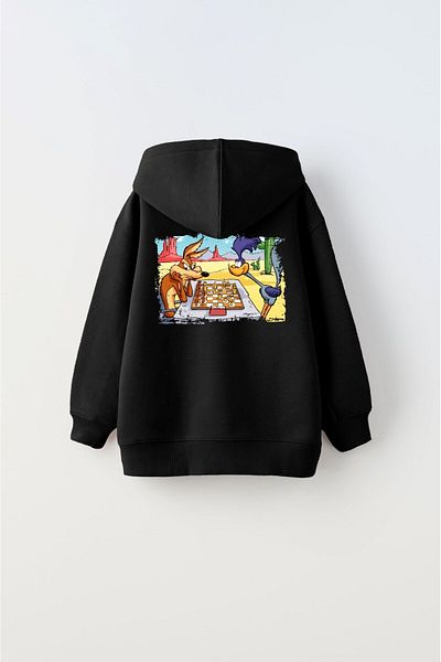 The Champ Clothing Черен унисекс детски суичър с качулка и шах с качулка отвътре