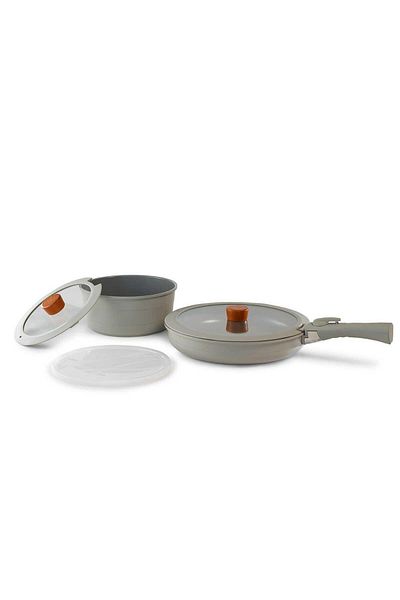 NEOFLAM Midas Gray 6 Piece Interlocking Pot and Pan Set with Detachable Handle D-neomds6ı-07