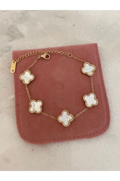 emy by emel luxury silver jewelry Çelik Sedef Taşlı Yonca Bileklik Altın Kaplama