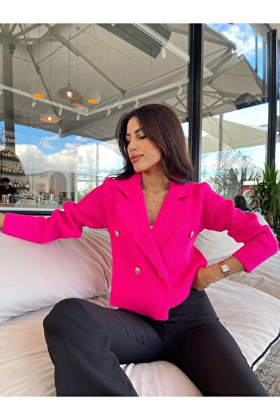 Puella Gold Colored Pink Knitwear Crop Blazer - Women