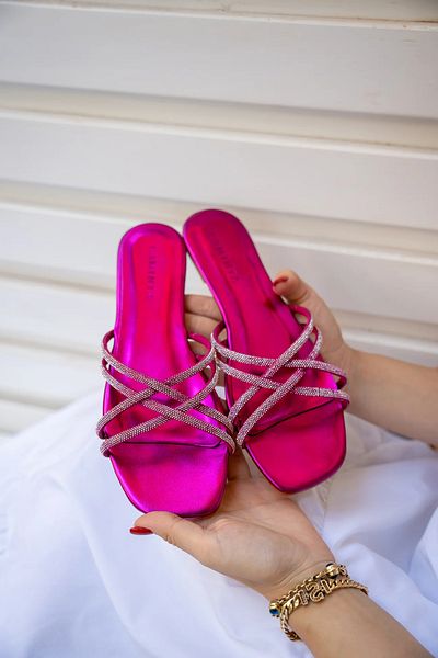 LAMİNTA Fuchsia Ress Women's Slippers - Cross Lace and Stone Detail