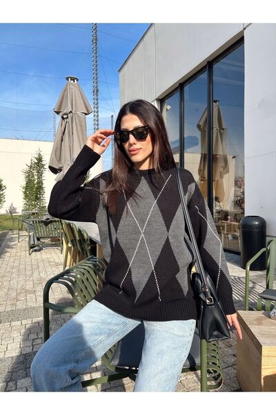 Puella Pulover de damă cu model Black Diamond - Decolteu, antracit și dungi albe