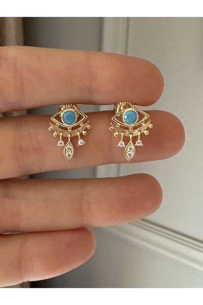 emy by emel luxury silver jewelry Altın Kaplama Turkuaz Taşlı Sallantılı Göz ...