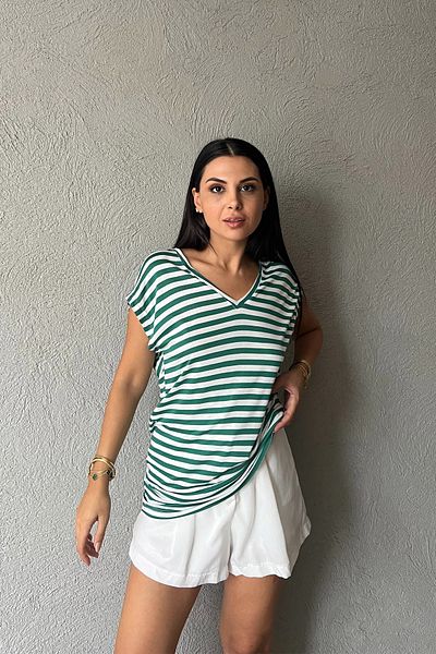 Seda Yalçın Atelier V-Neck Green Striped Basic T-shirt