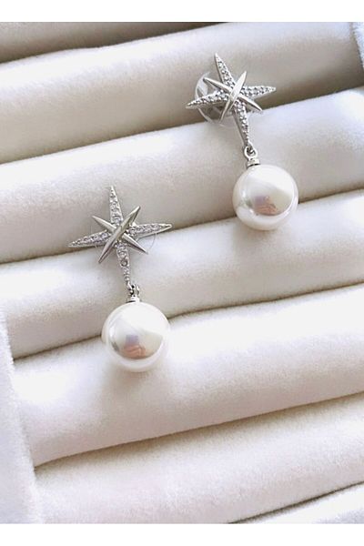 VNS Accessories Pearl Star Stone Detailed Dangle Earrings