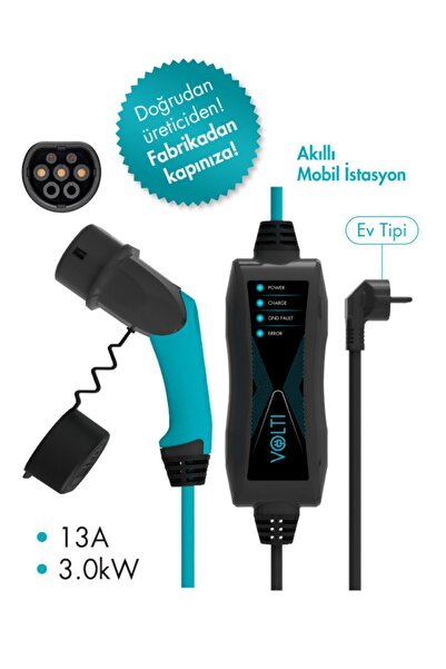 Volti Portatif Elektrikli Araç Şarj Cihazı - Tip-2, 3.0 Kw, 13a, 230v Ac, 6m,...