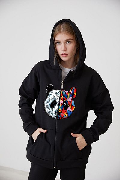 OFFSIDESIGN Μαύρη ζακέτα Panda με στάμπα Unisex - Κουκούλα με φερμουάρ, πολύχρωμο μπουφάν