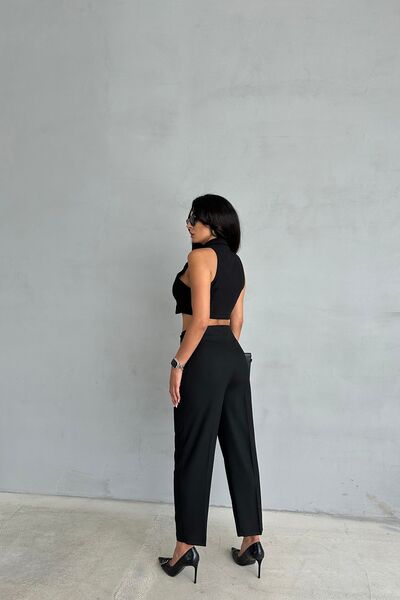 Ortaya Çık Μολύβι Υφασμάτινο Μαύρο Παντελόνι - Διπλό Επωμίδα Λεπτομέρεια