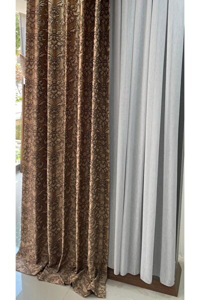MÇ HOME Hazır Dikilmiş Kahverengi Desenli Fon Perde 150 x 260