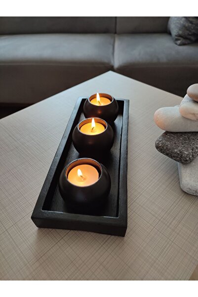 Online 3'lü Siyah Dekoratif Tombik Mumluk, 27 cm, Tealight Mumlar Hediyeli,  ...