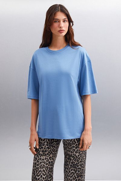 GRIMELANGE Betsy Femei - Tricou albastru 100% bumbac cu decolteu