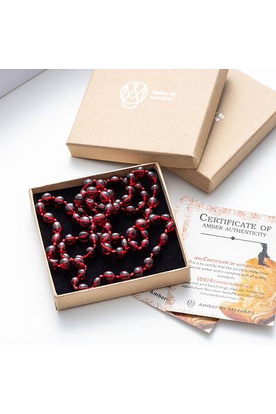 Amber by Mazukna Certified Caribbean Drop Amber Necklace, Adult Free Cut Red Color Jewelry