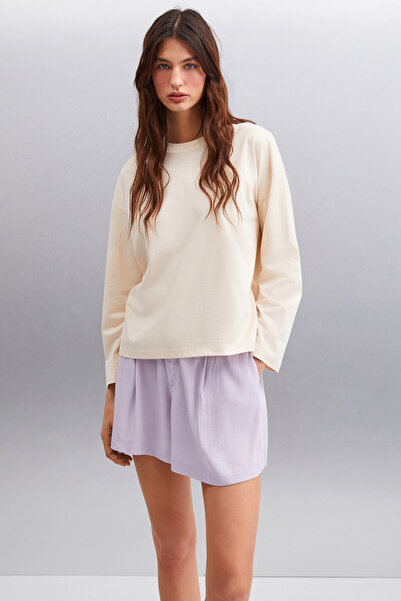 GRIMELANGE Basıl Γυναικείο Oversize 100% Οργανικό Βαμβάκι Πλεκτό Μακρυμάνικο Μπεζ T-shirt