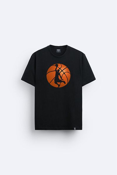 Darkia Basketball Ball Pattern - Black Relaxed Fit Crew Neck T-Shirt