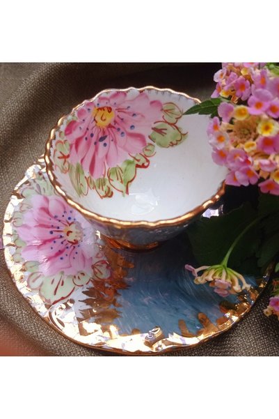 BY.RAYKA PORSELEN El Dekor Flower Dream Porcelain Hand Painting Set of 2 Coffee Cups