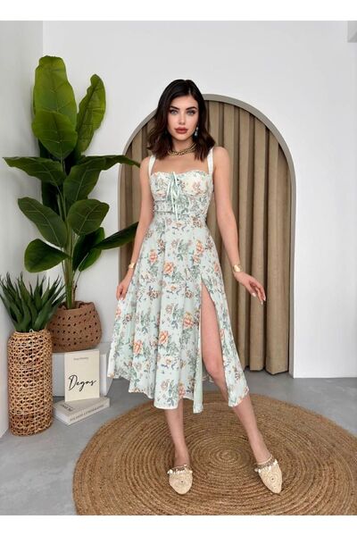 Afiş Butik Πράσινο φόρεμα μίντι με λουράκια και φλοράλ σχέδιο