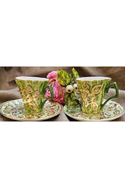 BY.RAYKA PORSELEN El Dekor Green Porcelain Hand Painting Set of 2 Cups