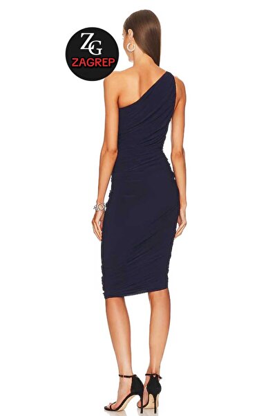 Zagrep Navy Blue One Shoulder Midi Dress - Asymmetrical Collar, Draped and Gathered