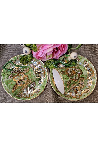 BY.RAYKA PORSELEN El Dekor Green Porcelain Hand Painting Set of 2 Cups