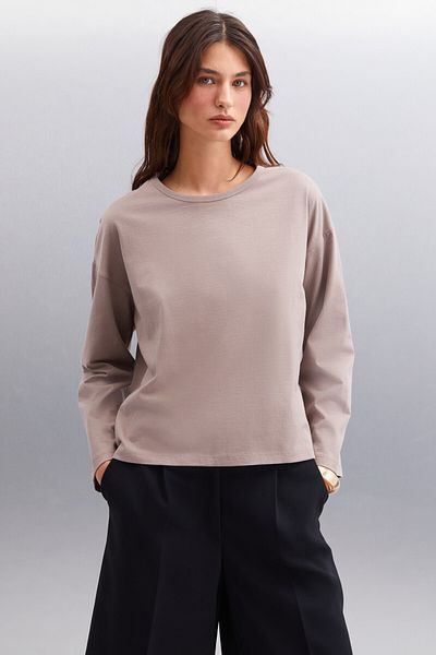 GRIMELANGE Koszulka damska oversize z nadrukiem, wykonana w 100% z organicznej bawełny, dzianinowa, z długim rękawem i norek