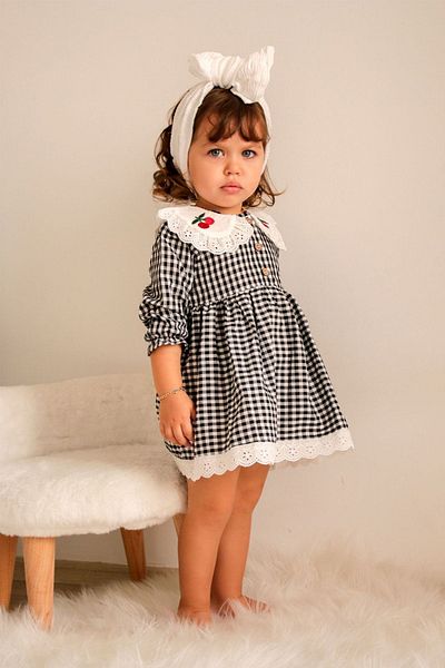 Minik Ayı Baby Girl Black and White Gingham Cherry Detailed Collar Ruffle Dress