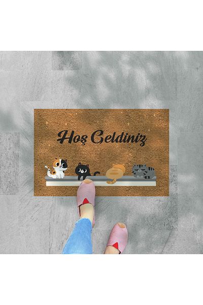 M&H Quality Welcome Written Themed - Decorative, Washable Dust Catcher Mat with Cat, for Outside Door and Indoor