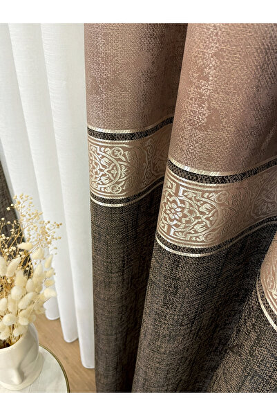 Brillant Kahverengi 1/3 Sık Pile Bordürlü Desen Yumuşak Dokulu  Jakar Fon Perde