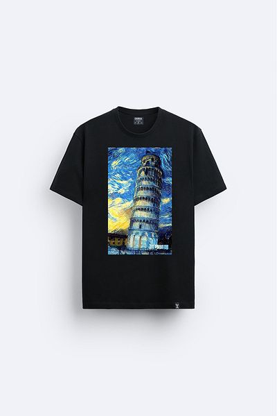 Darkia Pisa Tower Printed - Relaxed Fit Crew Neck Black T-shirt