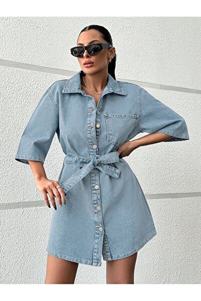 Vovikon فستان من قماش الدنيم بحزام وجيب واحد