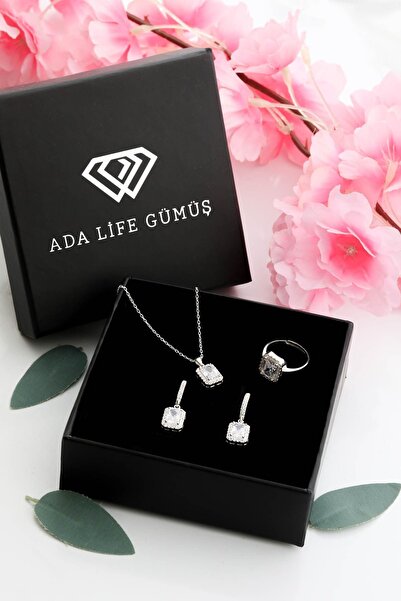 ADA LİFE GÜMÜŞ 925 Ayar Gümüş 3 Lü Tek Taş Baget Set (ÖZEL KUTULU) KOLYE KÜPE YÜZÜK